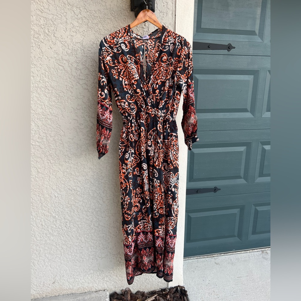 Panache Black Maxi Dress with Orange and Pink Paisley Print Size Medium